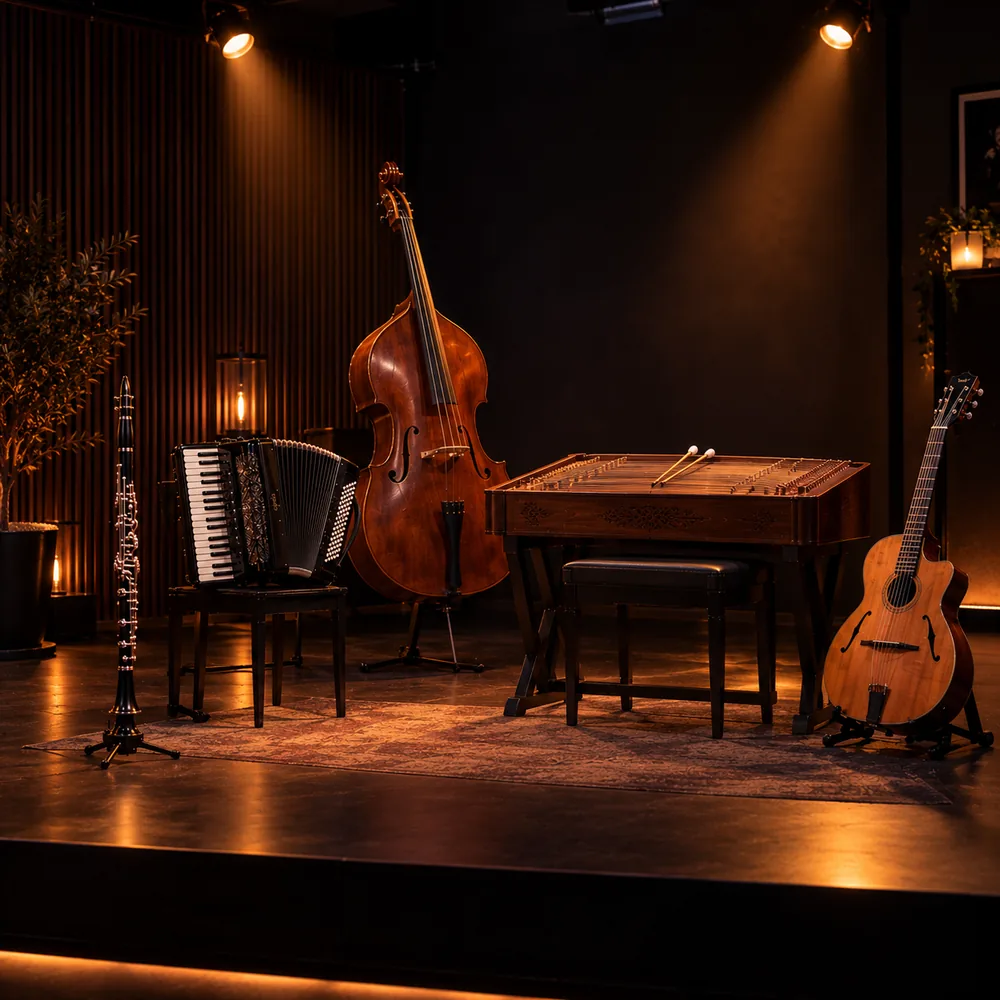 Les instruments du groupe sur scène : guitare, accordéon, clarinette, contrebasse, cymbalum.
