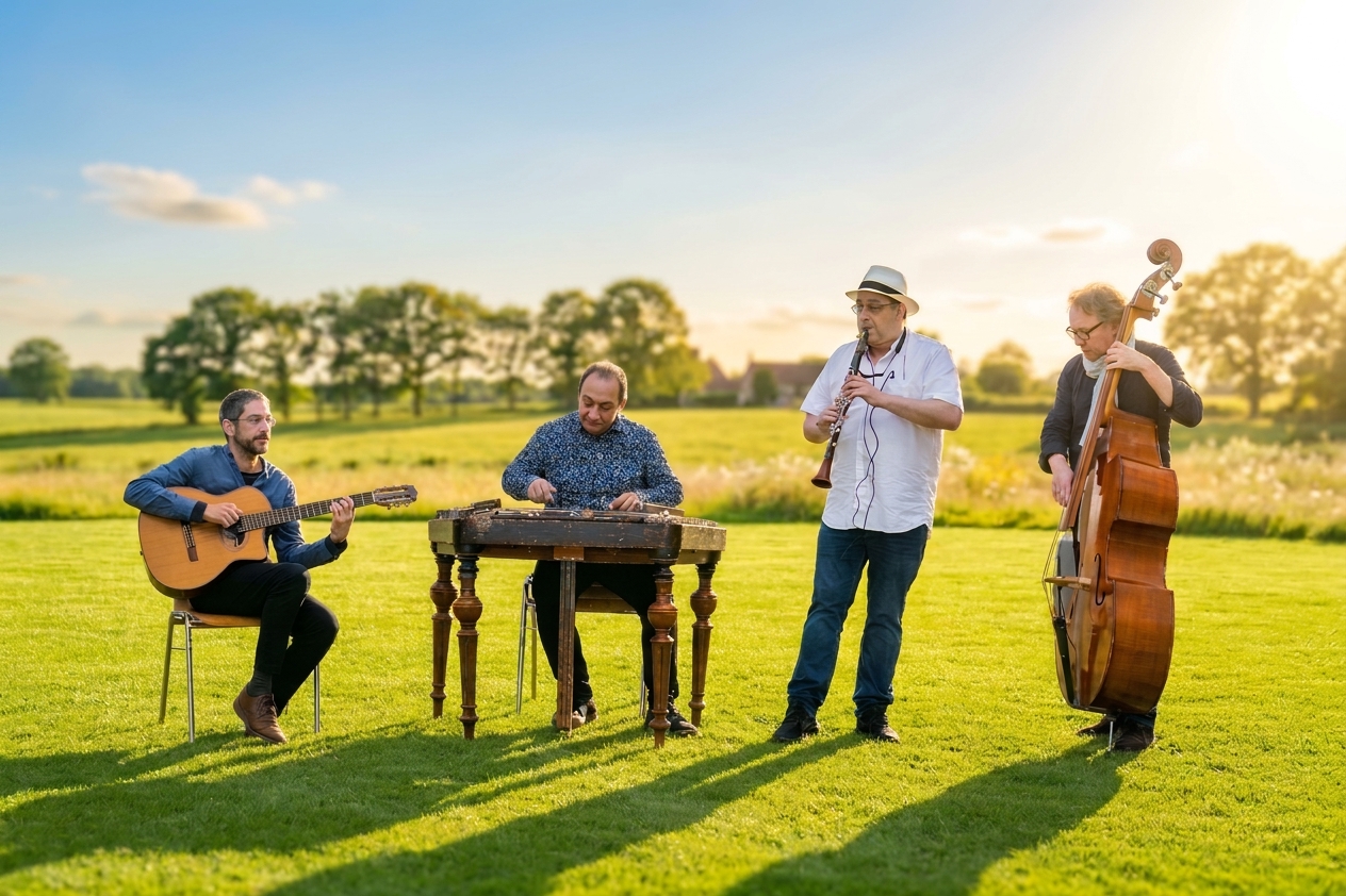Le Strasbourg Klezmer Band en plein air : guitare, cymbalum, clarinette et contrebasse.